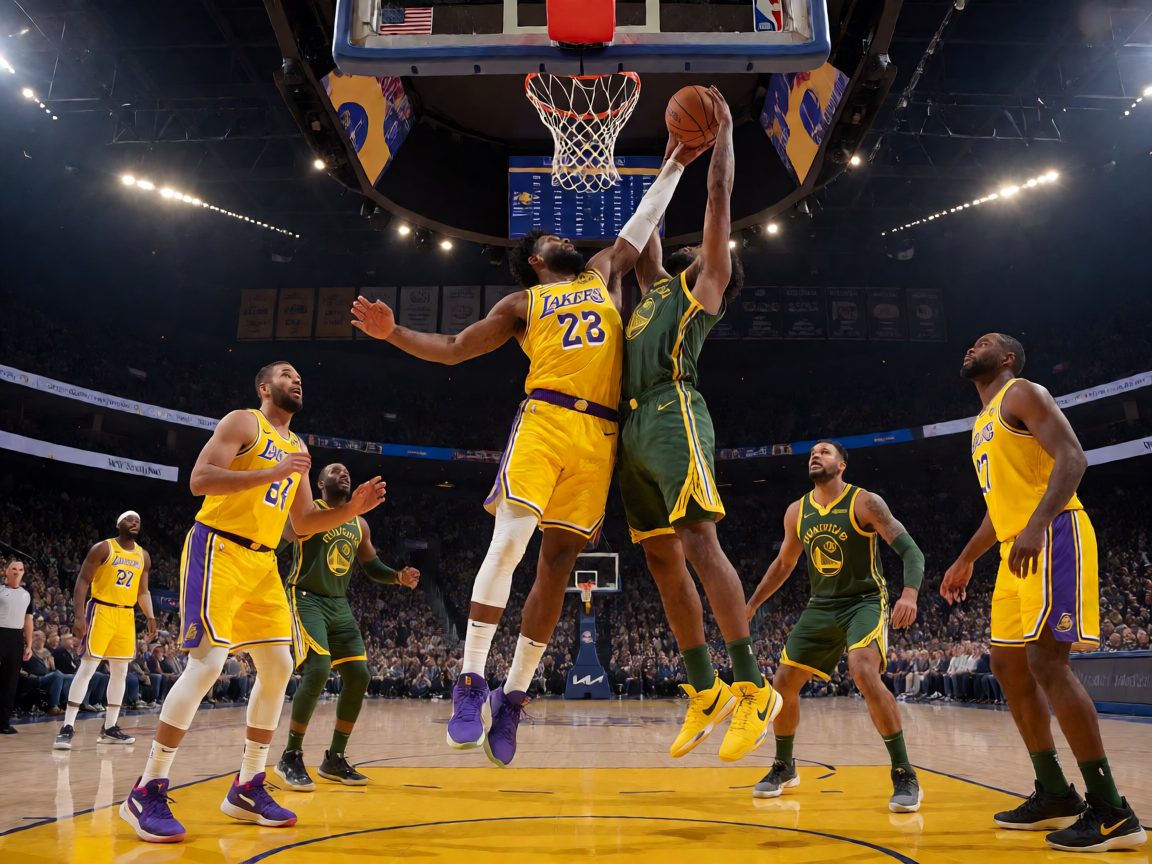 NBA篮球比赛现场，球员正在争抢篮板